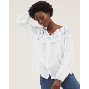 Marks & Spencer Pure Cotton Semi Sheer Embroidered Crinkle Long Sleeve Blouse 1X